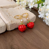 Tiny Strawberry Huggie hoops Earrings - Cute Strawberry Charm Fruit Earrings - Unique Handmade Fruit Earring Gift